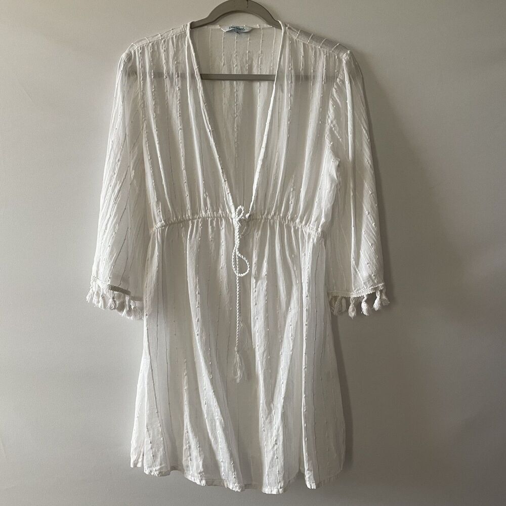 Blue Island White V-Neck Tassel Sleeve Cover Up Dress Women's Size M